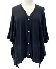 PLANET Lauren G Black One Size Pleat Back Linen Cotton Poncho Sweater Lagenlook