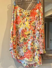 Audrey 3+1 One Shoulder Colorful Floral Orange Flowy Womens Small Roomy Blouse