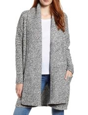 New  Marled Knit Draped Open Front Cardigan Sweater Black White