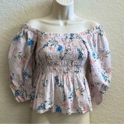 Saylor Babydoll Smocked CottageCore Top Pink Floral Clover Women’s Medium