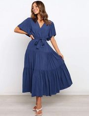 Navy Blue V-neck Flutter Sleeve Midi Dress