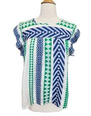 THML Green Blue White Geometric Metallic Ruffle Sleeve Top - S