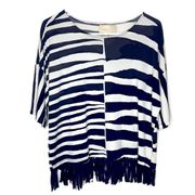 Chico’s Navy Striped Boxy Fringe Short Sleeve Top