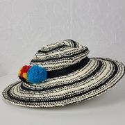 Hinge Two Tone Panama Hat Black White Wide Brim Woven Straw Pom Pom Summer NWOT