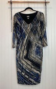 Anne Klein Ruched Midi Sheath Dress Womens Size 10 Blue & Black Geometric V-Neck