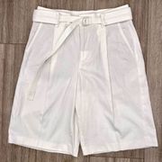 Vince Women's White Pleated Belted Cotton Linen Blend Bermuda Shorts Size 8