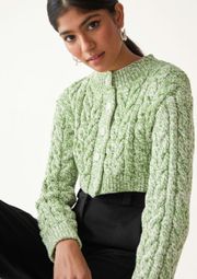 Green Cable Knit Cropped Cardigan Sweater