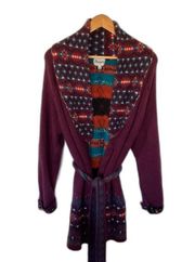 Wrangler Western Fair Isle Belted Knit Cardigan Southwest Burgundy Sweater L