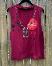 Coca Cola Tokyo Raw Hem Sleeveless Grommet Top Sz XL