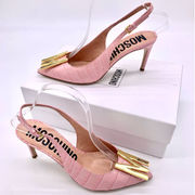 MOSCHINO COUTURE! Logo M Croc Embossed Leather Slingback Heels Pink Gold 38.5