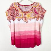 Westport Pink White Ombré Stripe Metallic Gold Mandela Pattern Tshirt Size 1X