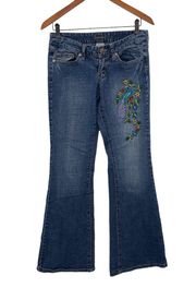 Space Girls Y2K Jeans Peacock Embroidery Womens Size 5 28" Waist Low Rise