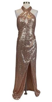 Women's Formal Dress by  Rose Gold Sequined Backless Long Gown Size Medium