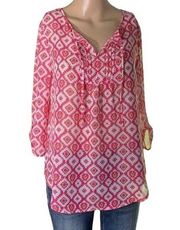 Violet and Claire Womens Silky Geo Print V Neck Blouse Red White Small EUC