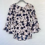 LC Lauren Conrad Womens White Floral Polyester 3/4 Bell Sleeve Blouse Size Small