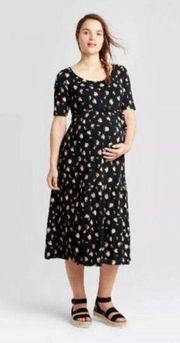 New with tags Isabel Maternity Womens Black Floral Midi Dress Tiered Hem