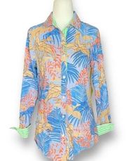 J. McLaughlin Lois Shirt Blue Tropical Palm Print Long Sleeve Button Front