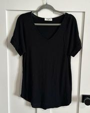 Zenana Women's M Roll Sleeve Tee Shirt Solid Black V-Neck Elevated Basic Casual