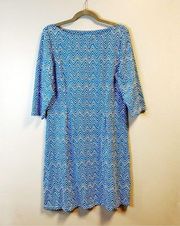 J. McLaughlin Dress Blue & White Mykonos Chevron Print Fit & Flare Sheath XL EUC