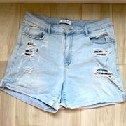 || Light blue distressed jean shorts with Aztec print backing.