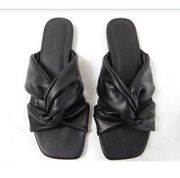 Twisted-Knot Flat Sandals in Black Vegan Leather sz 7