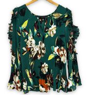Floral Pleated Blouse Cold Shoulder Ruffle Sleeve Size Small