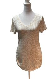 Tan & White Animal Print Short Sleeve V-Neck Ruched Sides Tee S