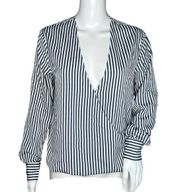 Bishop + Young Shirt Womens Small Blue White Stripe Surplice Neck Work Casual