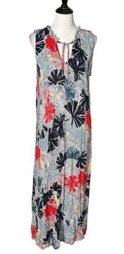 Nic + Zoe Floral Fan Dot Sleeveless Midi Dress Ruffle Red Blue Women's Size XL