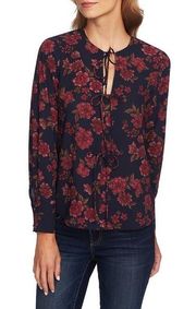 1 State Gallant Garden Blouse size Large Tie Up Navy with Burgundy Floral Print