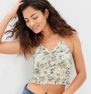 American Eagle  Floral Cinched Tank Top Ruffle Ruched V Neck Green Small