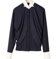 LOEWE Runway Cape Sleeve Draped Button Down Blouse Navy White Collar