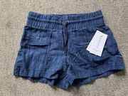 Lightweight Denim Looking Patterned Textured Navy Shorts Drawstring