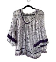 POUPETTE ST BARTH Floral Purple Cotton Bell Sleeve Relaxed Summer Tunic Blouse