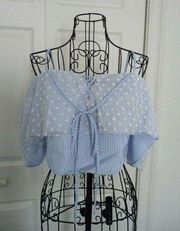 Do & Be Blue & White Stripe Off The Shoulder Crop Top W/Cap Lace Sleeve Size L