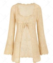 OPENWORK CROCHET SEE THRU SCALLOPED LONG FLARE SLEEVE BEACH TOP