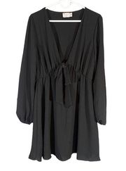 ASOS Black Plunging V-Neck Faux Tie Front Fit & Flare Dress Women Sz 12