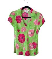 Vintage 90's Y2K Silk Flower V-Neck Groovy Pink and Green Floral Large EUC