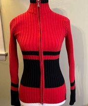 Obermeyer red black color block ribbed zipper sweater stretchy jacket