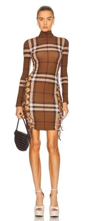 Burberry Licia Check Stretch Jersey Lattice Cut Out Dress in Dark Birch Brown