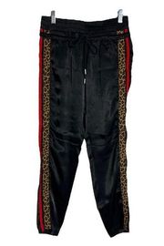 The Kooples Sport Satin Pants Black Red Leopard Side Stripes Straight Leg Lounge