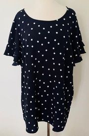 Lane Bryant Flutter-Sleeve Crew Neck Top Bllue White Polka Dot Blouse Sz 20