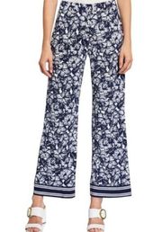 Michael Kors Floral Wide Leg Pants Blue White Hibiscus Size Large