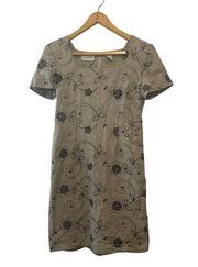 Liz Claiborne Tan Spring Linen Dress w/Embroidered Black Floral Print Size 6