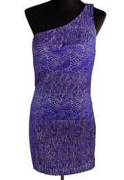 Bebe Womens One Shoulder Lace Mini Sheath Dress Size L Large Purple Cocktail