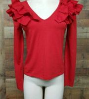 DREW red ruffle shoulder v neck long sleeve shirt