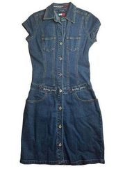 Vintage Tommy Jeans Y2K Denim Short Sleeve Button Front Jean Dress Stretch Sz S