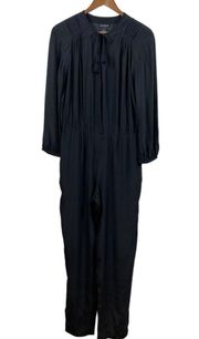 Club Monaco‎ Silk Jumpsuit 8 Black Long Sleeve V-Neck Tapered Leg Tassel Tie