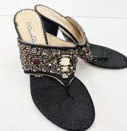 OSCAR DE LA RENTA Black Linen Jeweled High Heel Thong Strap Sandals 39 US 8