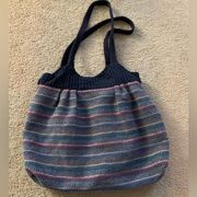 American Eagle Multi Color Striped Boho Hippie Tote Beach Bag Navy